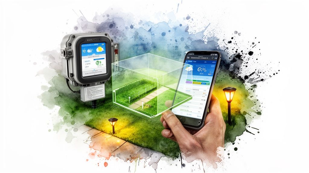 Smart outdoor technology with a device and smartphone managing a garden's environment and weather.