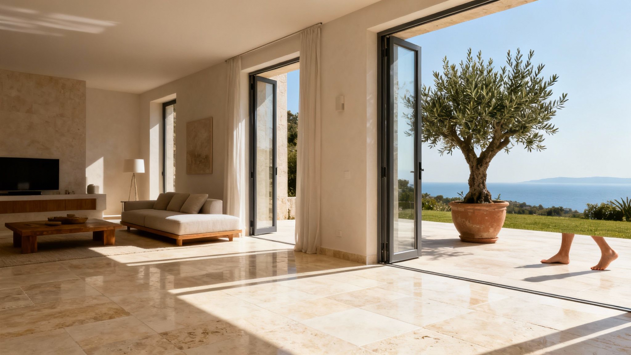 A modern home with travertine flooring extending from the living room to an outdoor patio with a pool