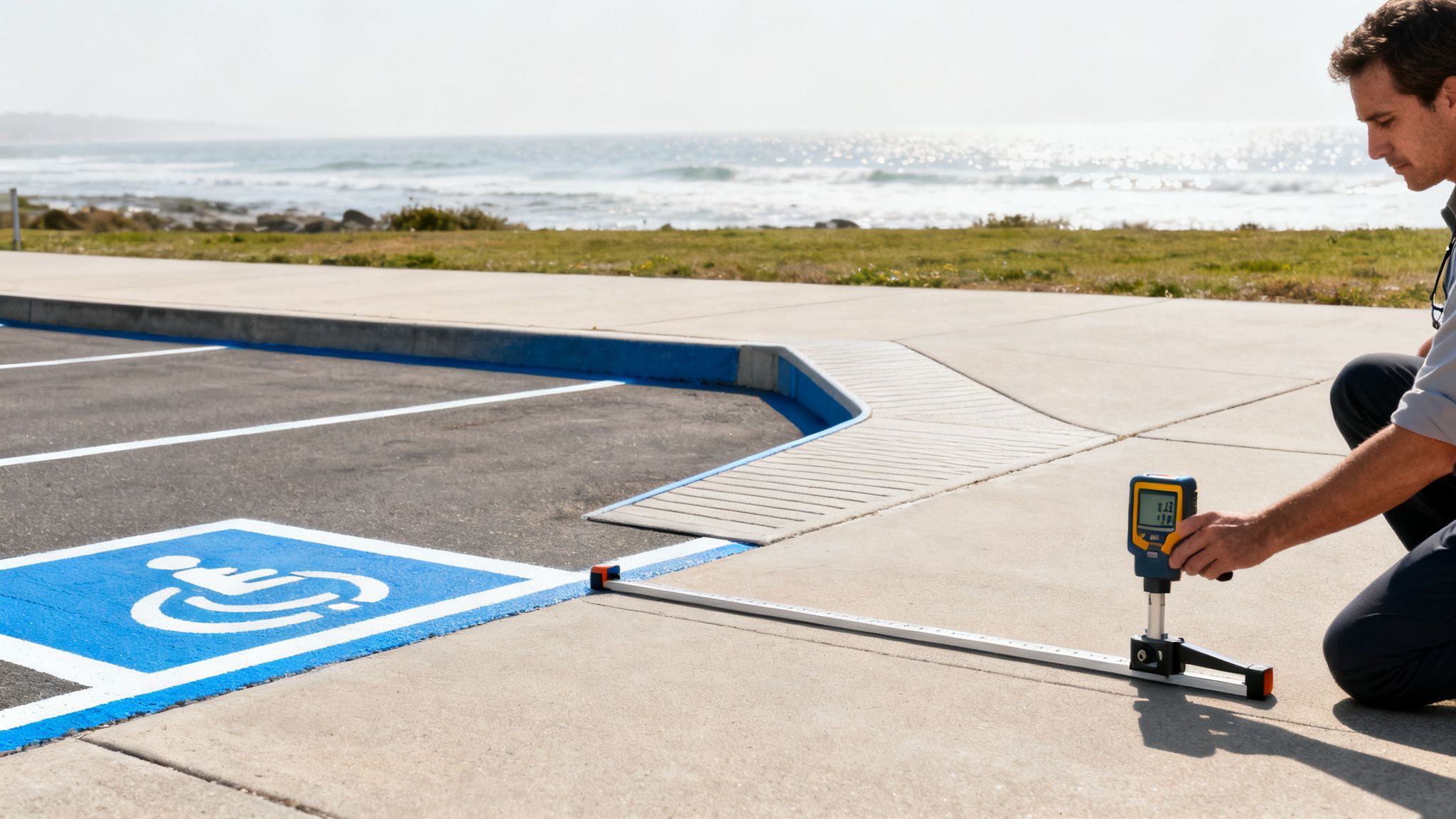Man measures a wheelchair ramp slope next to an accessible parking spot by the ocean.