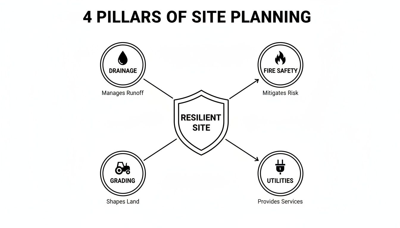 Diagram showing the four pillars of site planning: drainage, fire safety, grading, and utilities for a resilient site.
