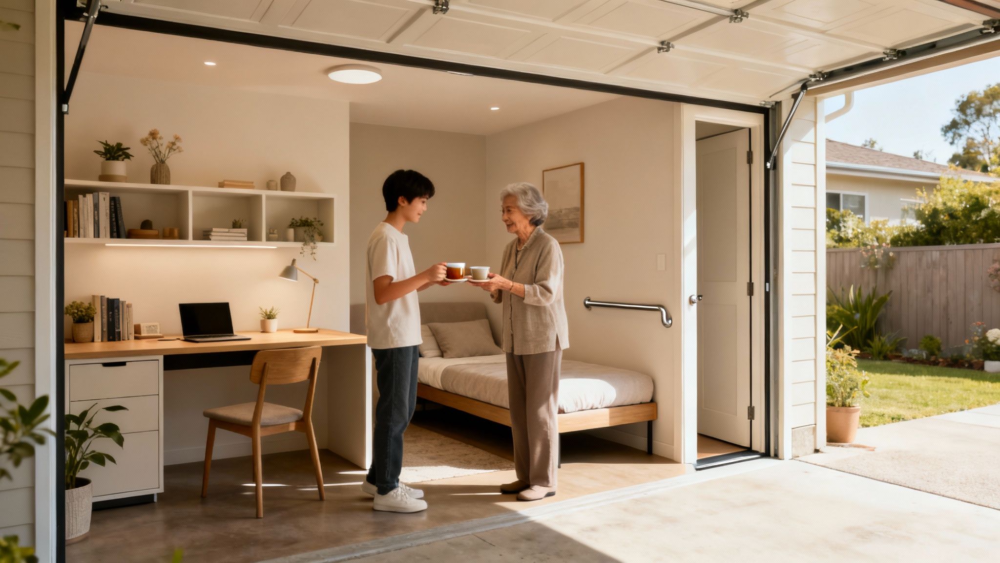 A young man offers tea to an elderly woman in a modern, accessible living space with a desk and bed.