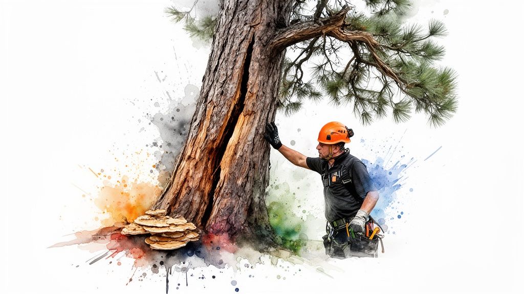 An arborist in a hard hat inspects a large cracked tree with mushrooms at its base.