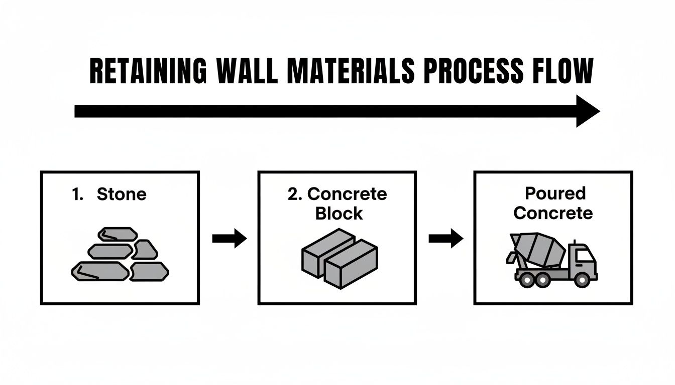 A process flow diagram illustrating retaining wall materials: stone, concrete blocks, and poured concrete with a mixer truck.