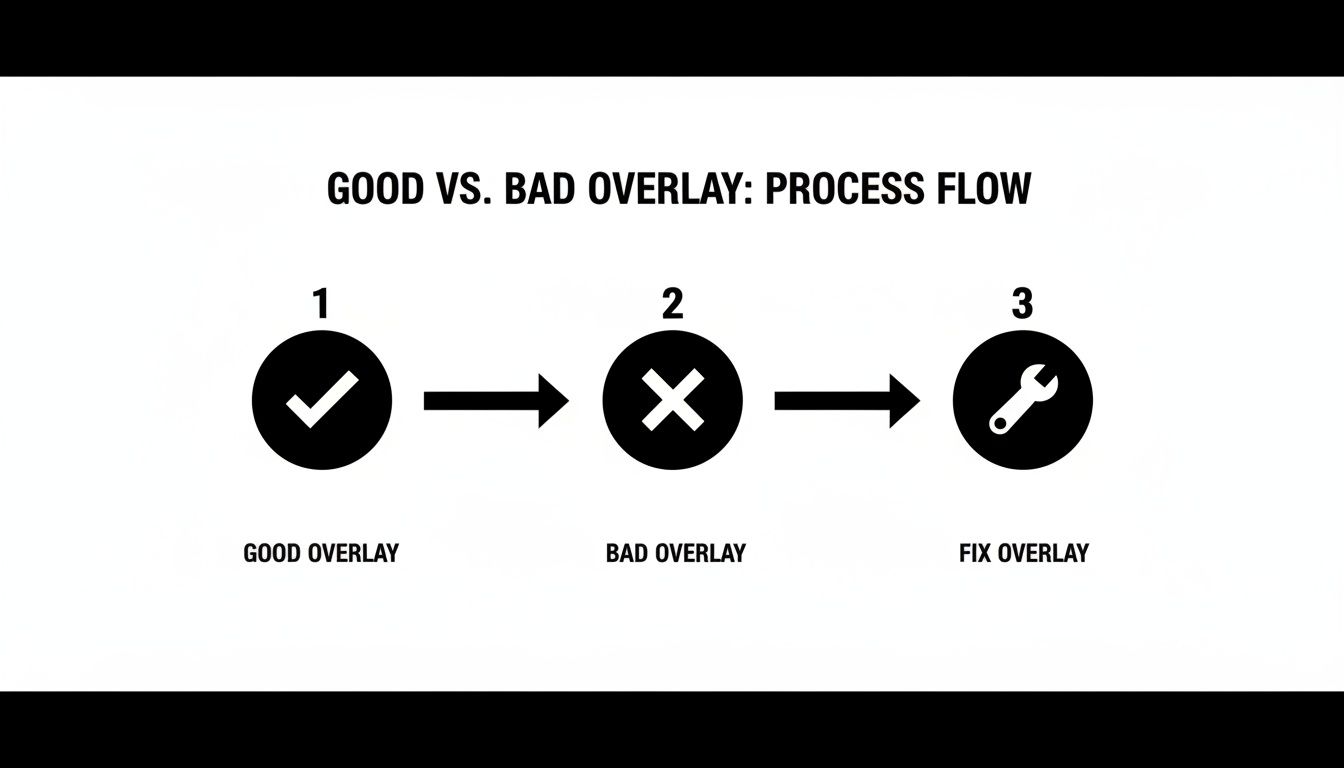 A diagram illustrating a process flow for overlays: good (checkmark), bad (X), and fix (wrench).