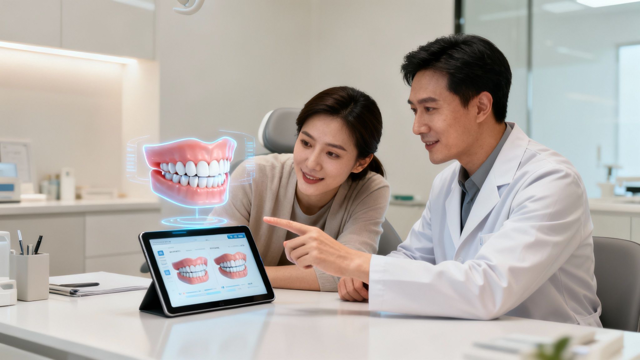 Asian dentist and female patient reviewing virtual 3D teeth models on a tablet in a modern clinic.