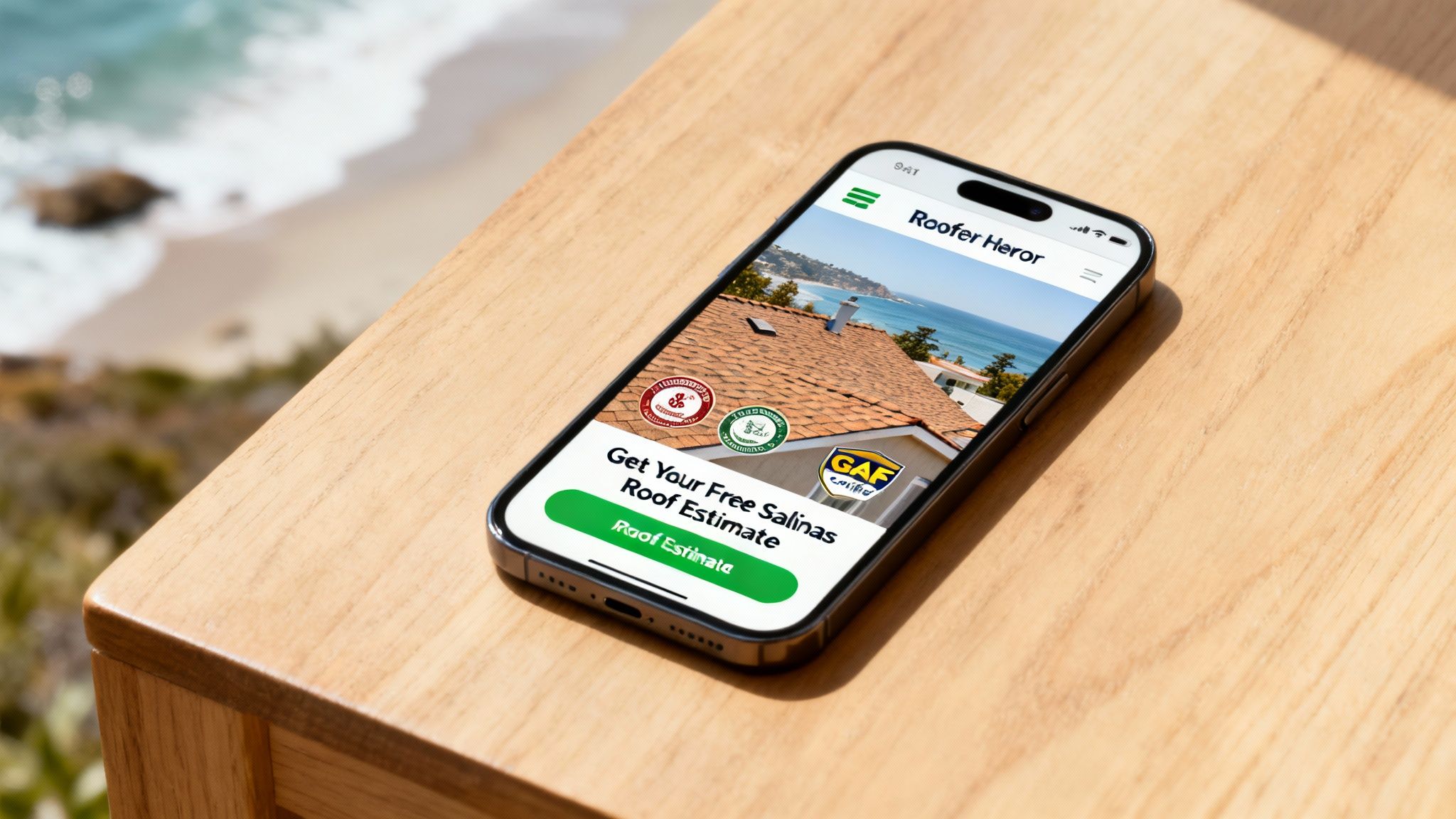 A smartphone displaying a roofer's website offering free roof estimates, resting on a wooden surface with a scenic ocean background.