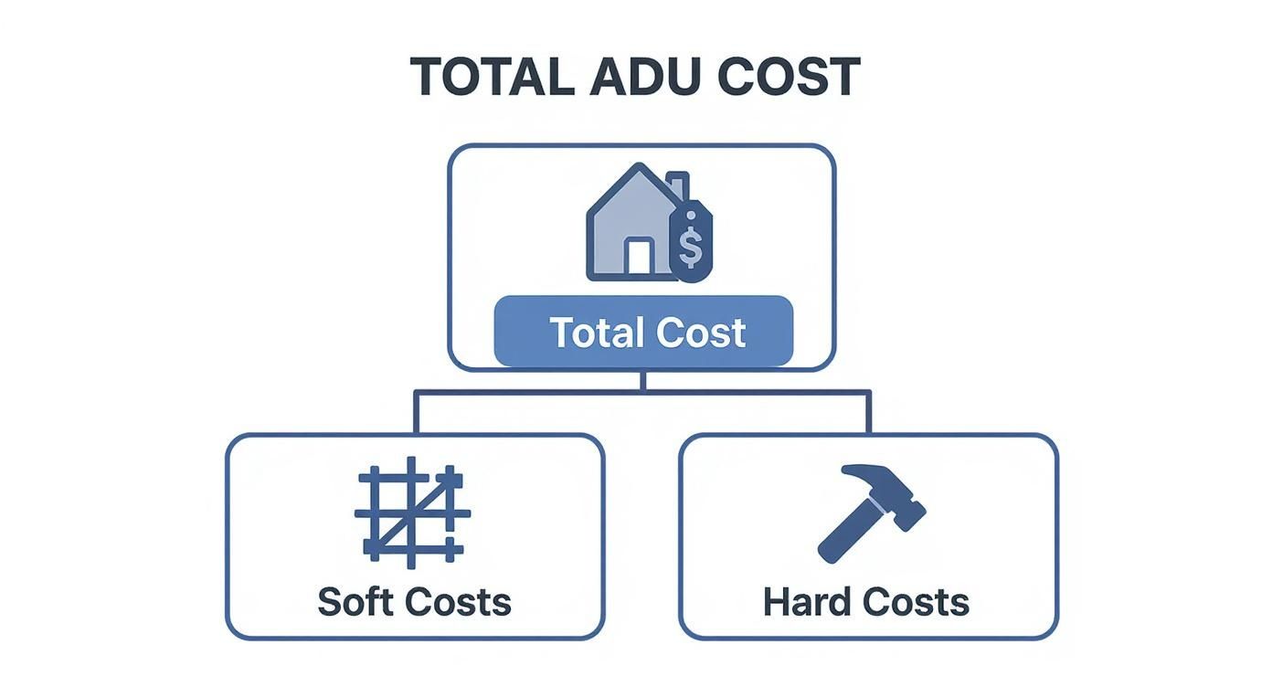 A diagram illustrating total ADU cost breakdown, showing soft costs and hard costs with respective icons.