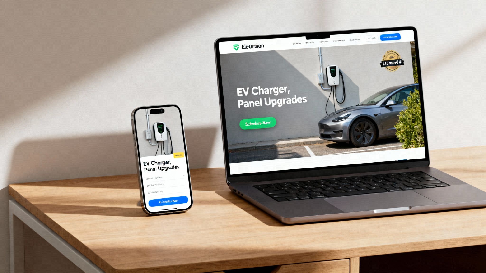 Laptop and smartphone display a website promoting EV charger and panel upgrade services for electricians.