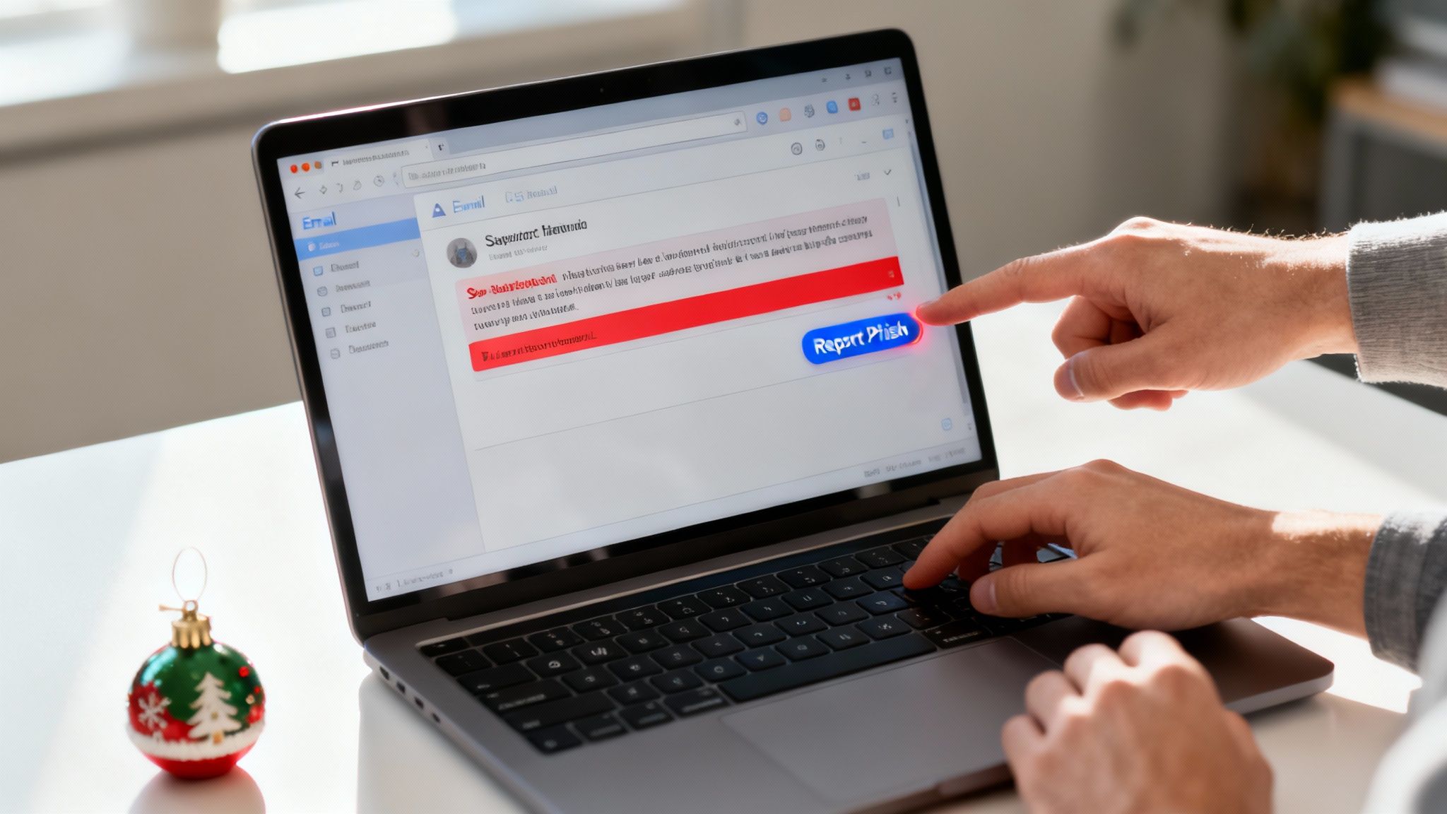 Person reporting phishing email on laptop screen using Report Phish button for cybersecurity protection
