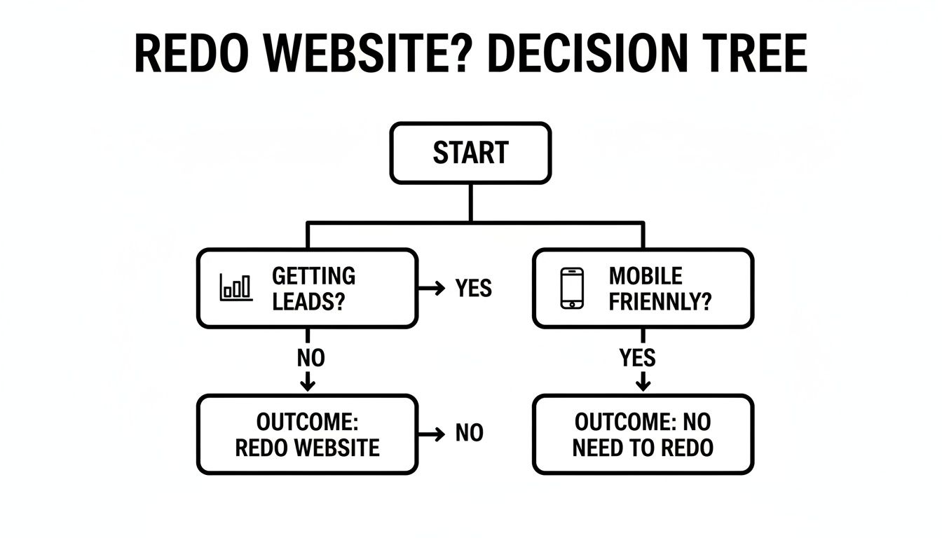 A decision tree flowchart for redoing a website, evaluating getting leads and mobile-friendliness.