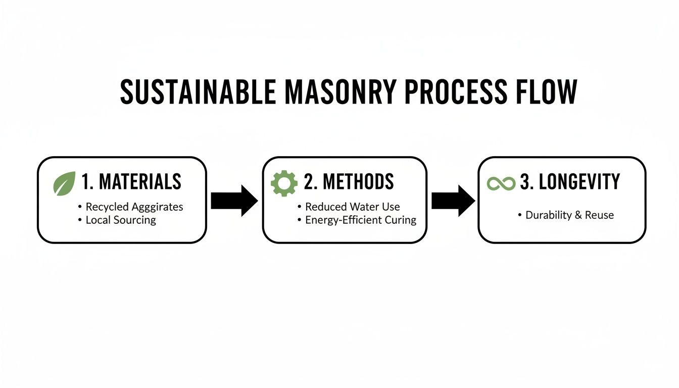 A flowchart illustrating the sustainable masonry process flow, covering materials, methods, and longevity.