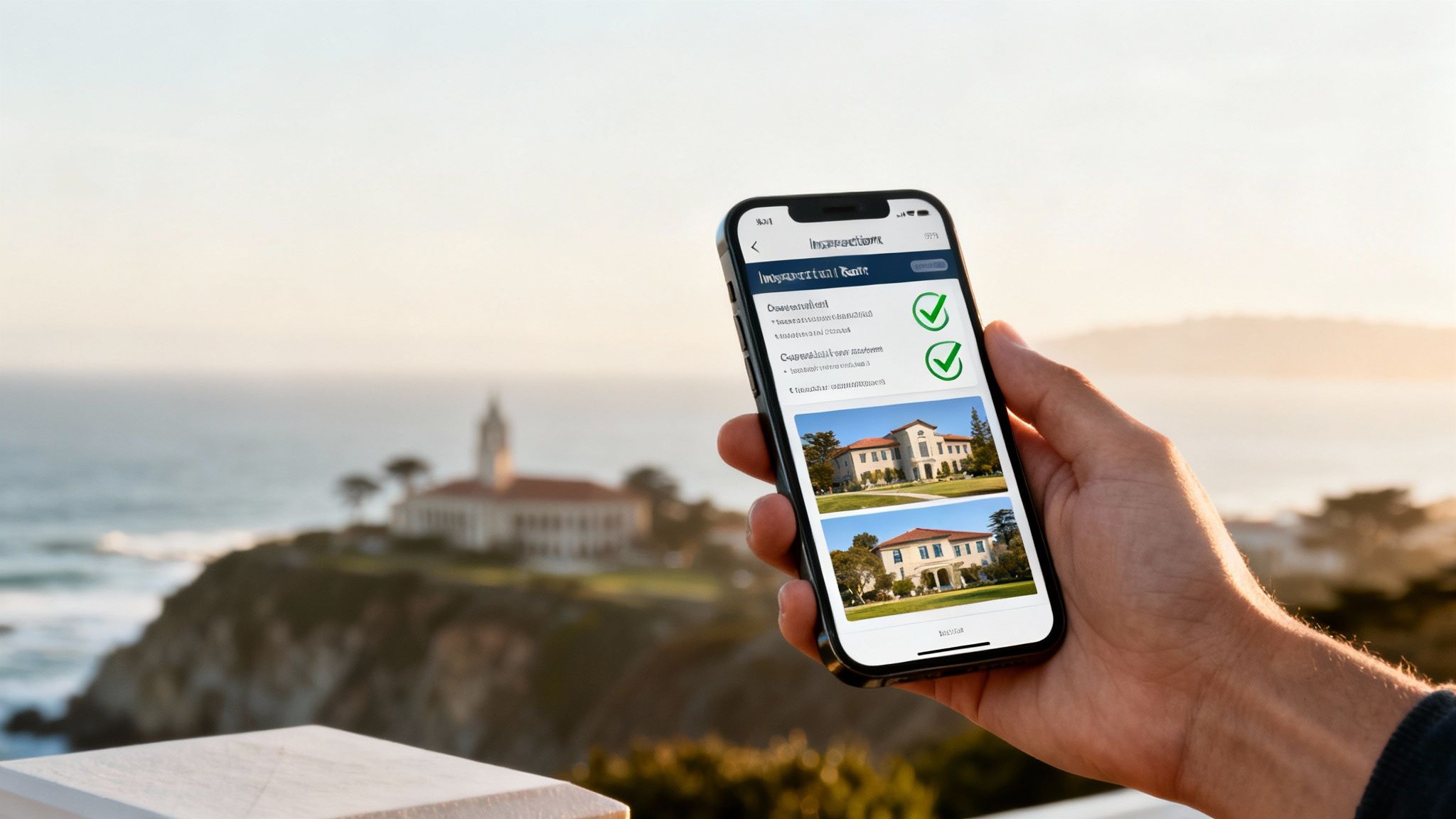 A hand holds a smartphone showing a property management app with house details and images against an ocean view.