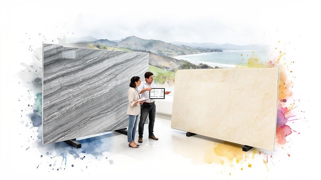 Man and woman discussing stone slab options in a showroom, holding a tablet with a blueprint.