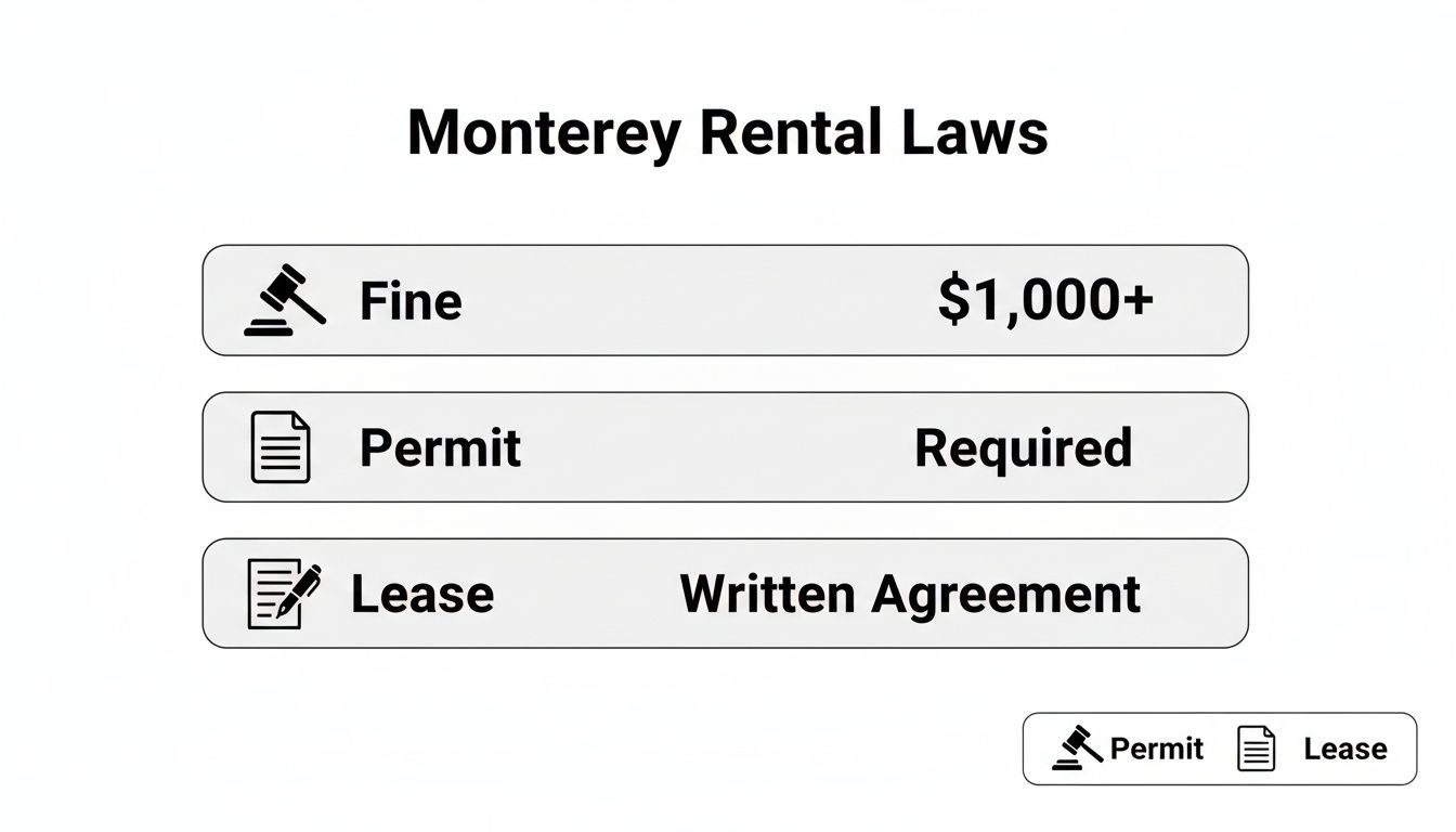 An infographic detailing Monterey rental laws, including fines, permit requirements, and lease agreement terms.