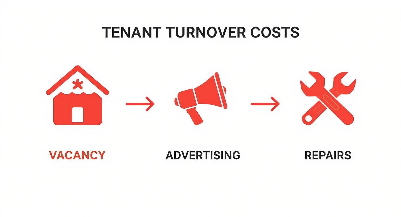 Infographic showing the process flow of tenant turnover costs, including vacancy, advertising, and repairs.