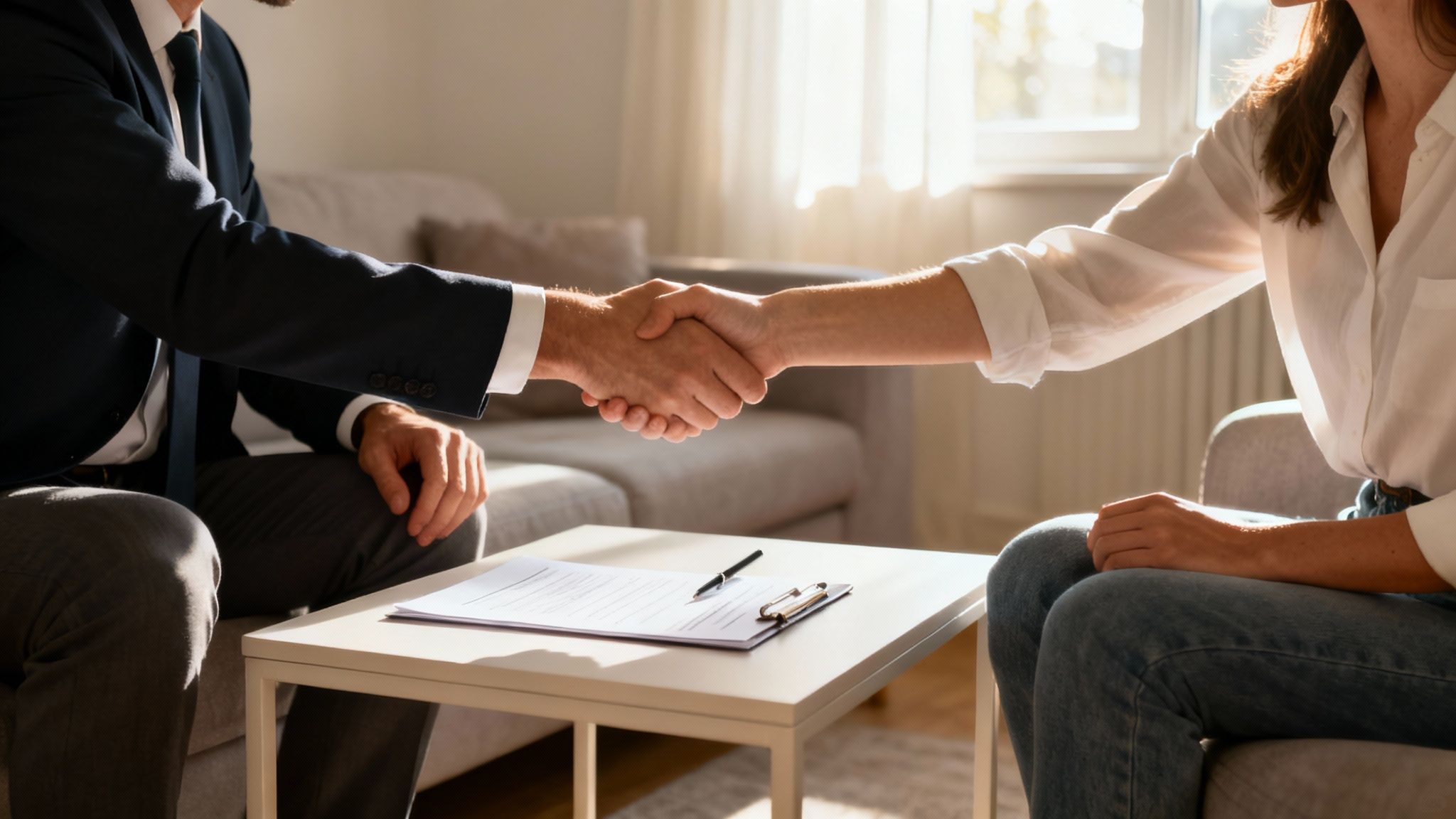 Two professionals shaking hands over a document, symbolizing agreement or partnership in a sunny room.