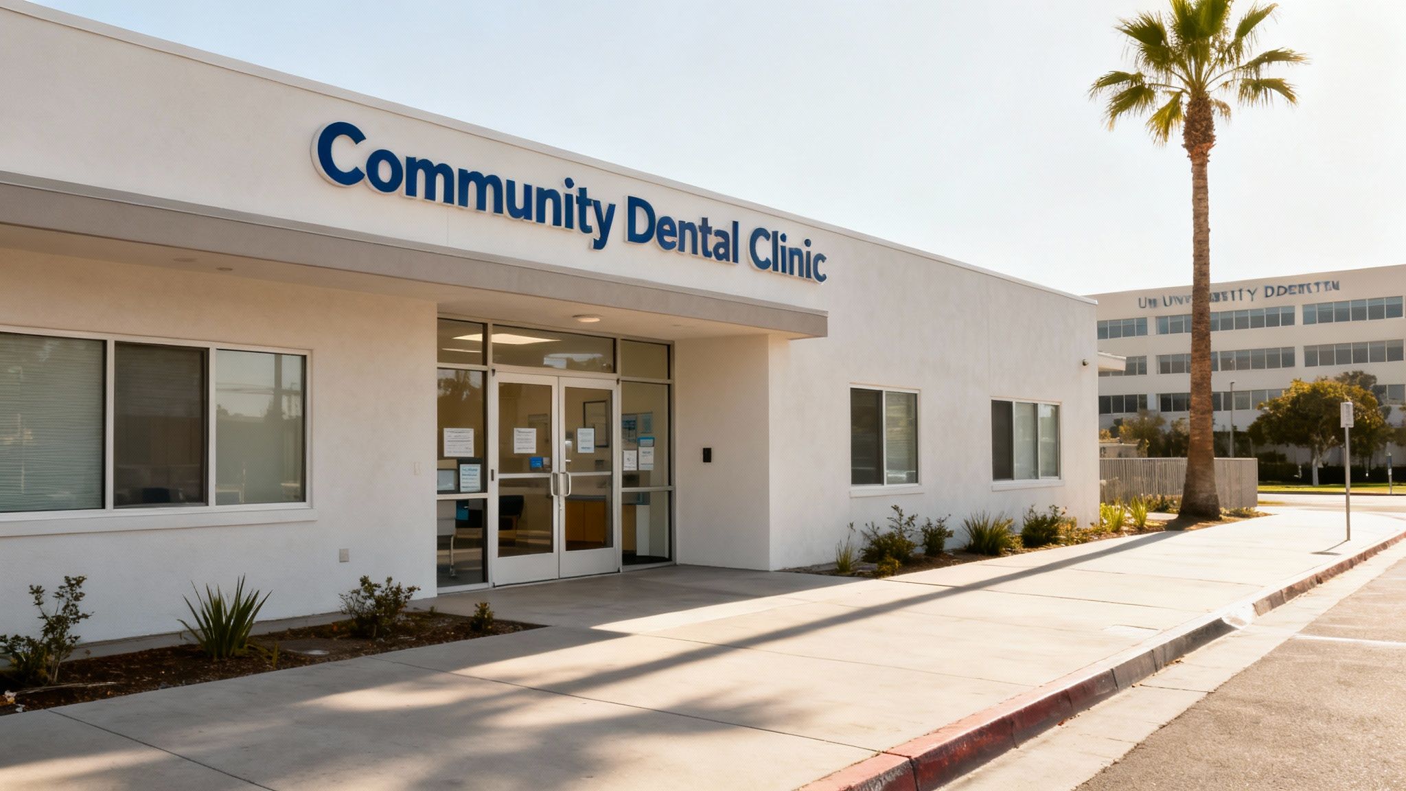 Exterior view of a bright white Community Dental Clinic building with its entrance and windows.