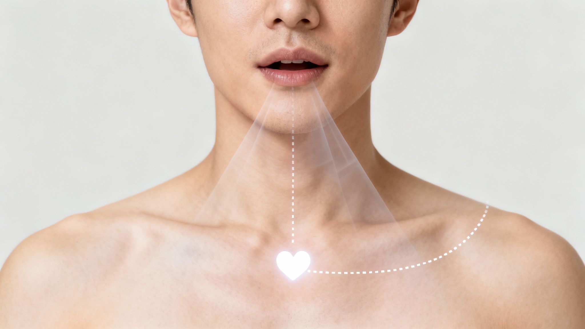 A person with a glowing heart on their chest, connected to their mouth by lines, symbolizing communication.