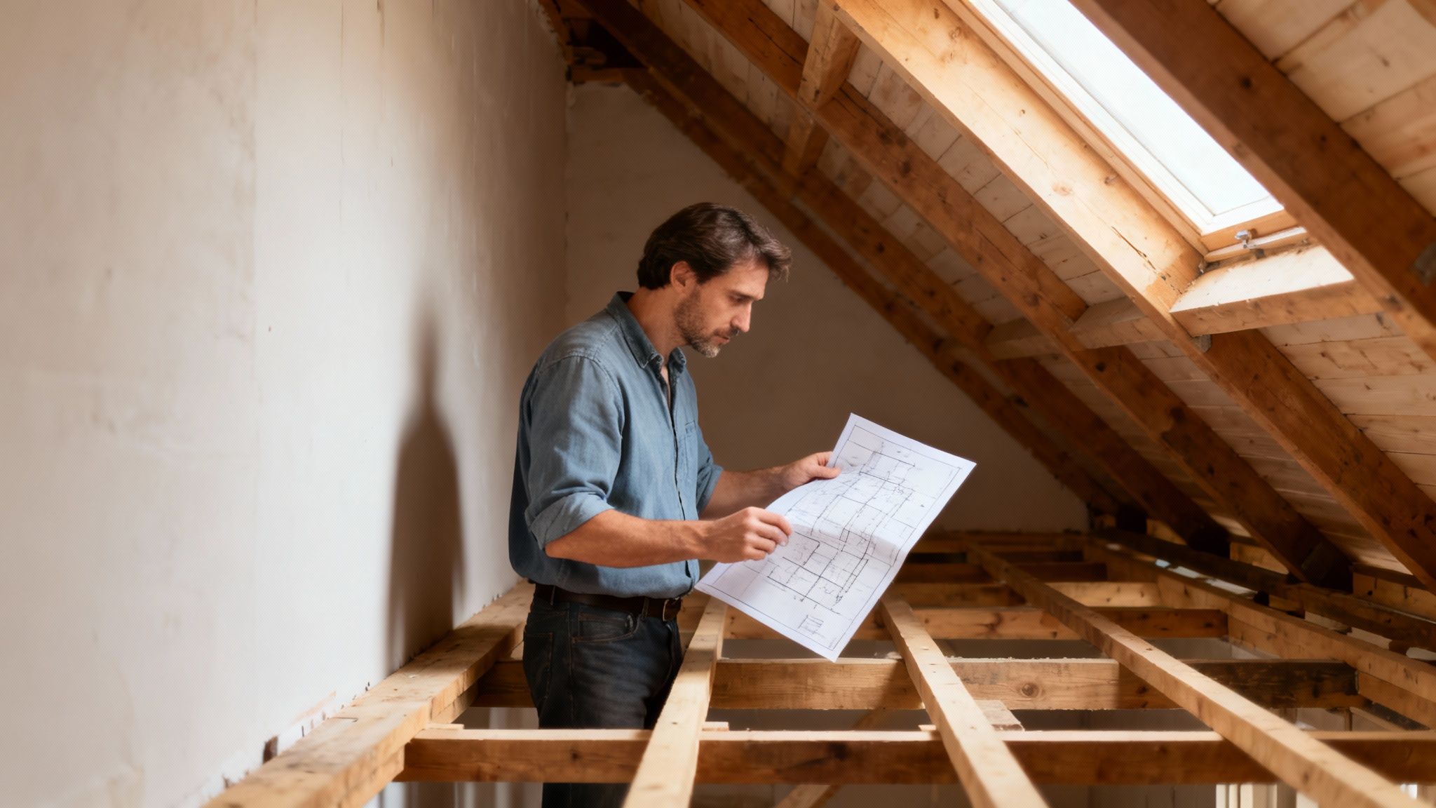 A person inspecting the joists and beams in the attic of a home.