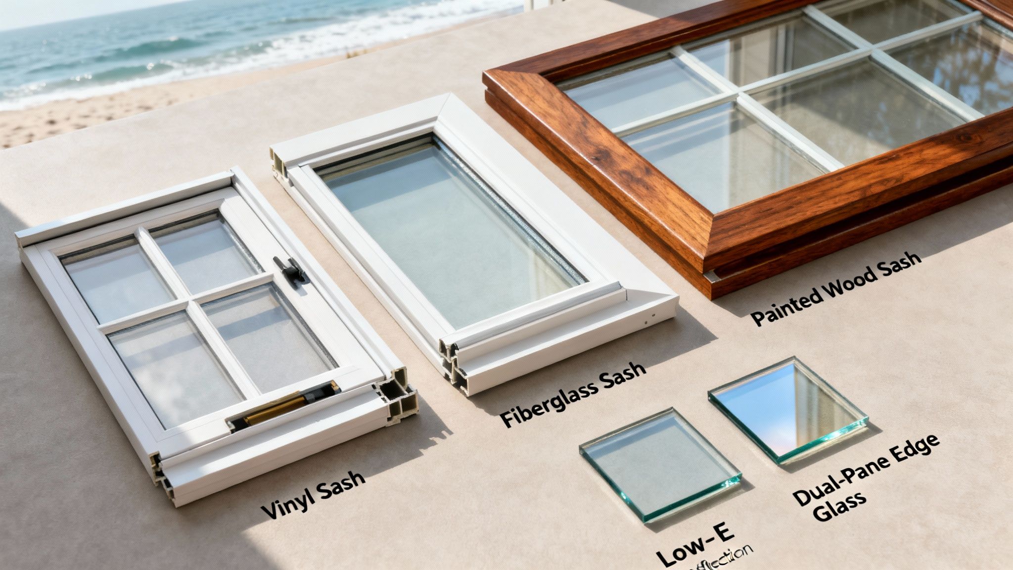 Various residential window sashes and glass samples, including vinyl, fiberglass, and wood, displayed on a table by the beach.
