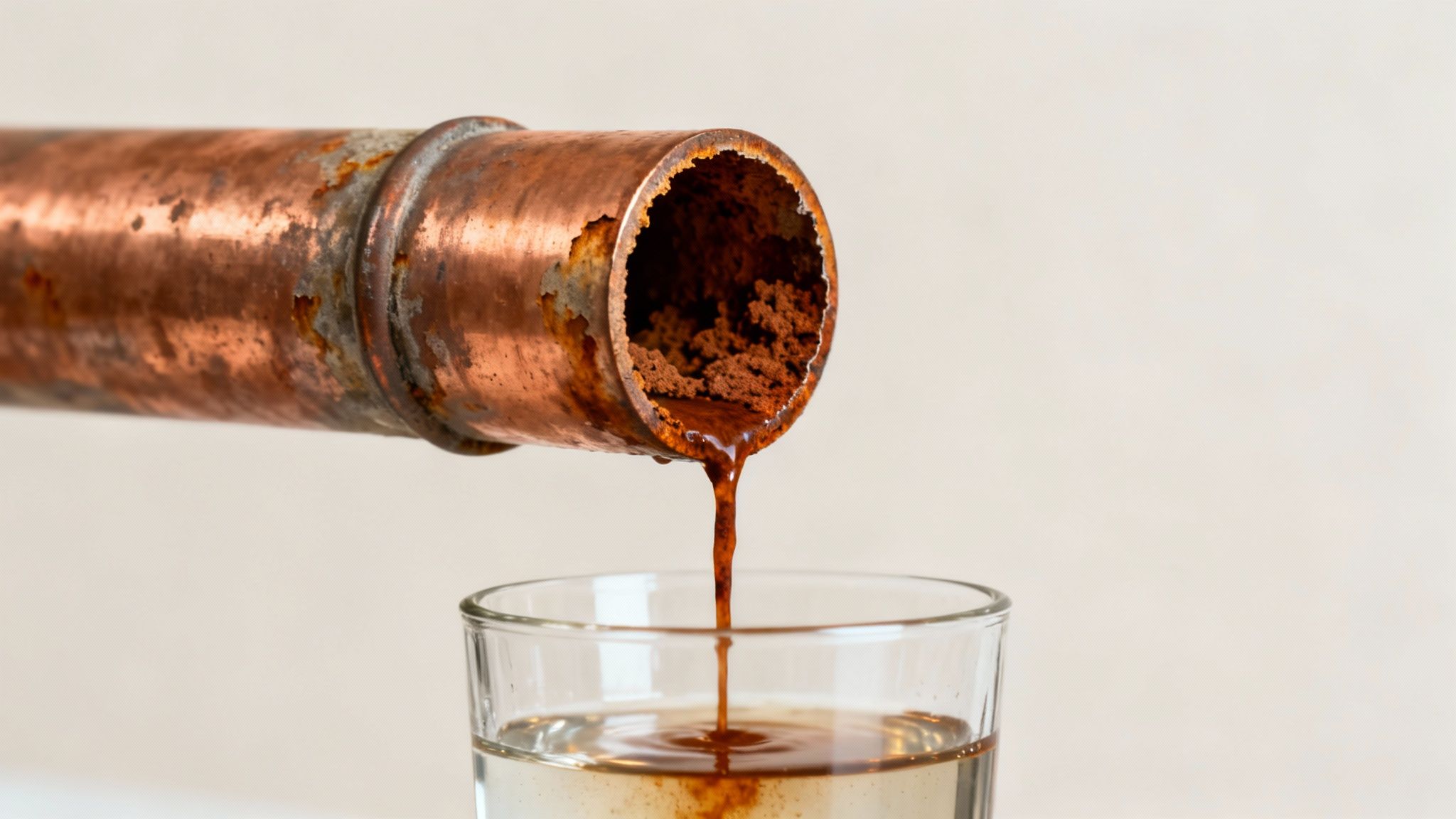 Rusty copper pipe dripping brown, contaminated water into a clear glass, showing water quality issues.