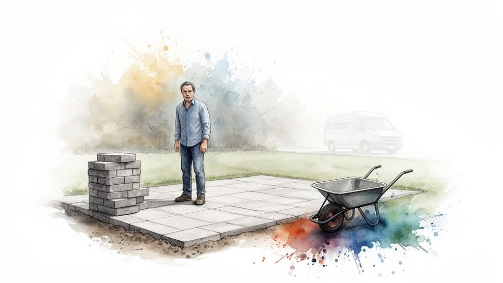 A man stands on a partially laid patio with paving stones, a wheelbarrow, and a van in the background, suggesting a landscaping project.