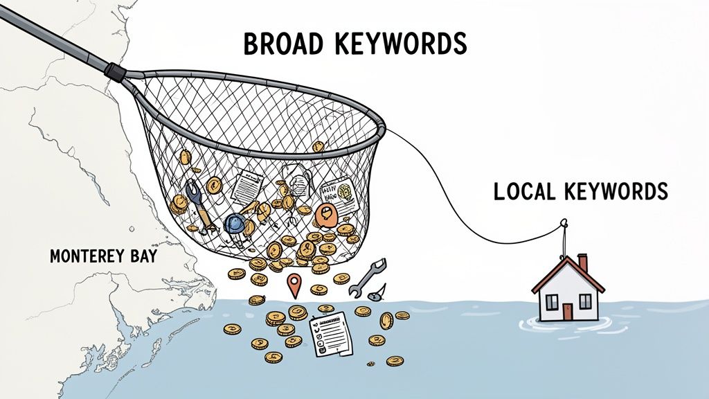 Illustration contrasting broad keyword net catching many leads with a local keyword hook targeting a specific business.