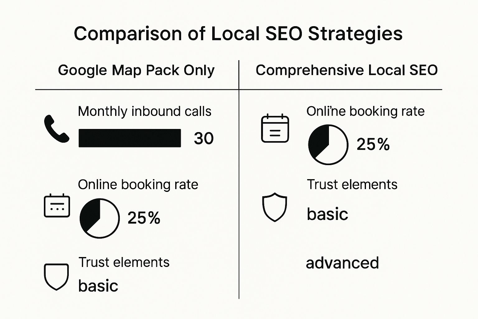 Infographic comparing the results of a Google Map Pack only strategy versus a comprehensive local SEO strategy, showing higher calls and booking rates for the latter.