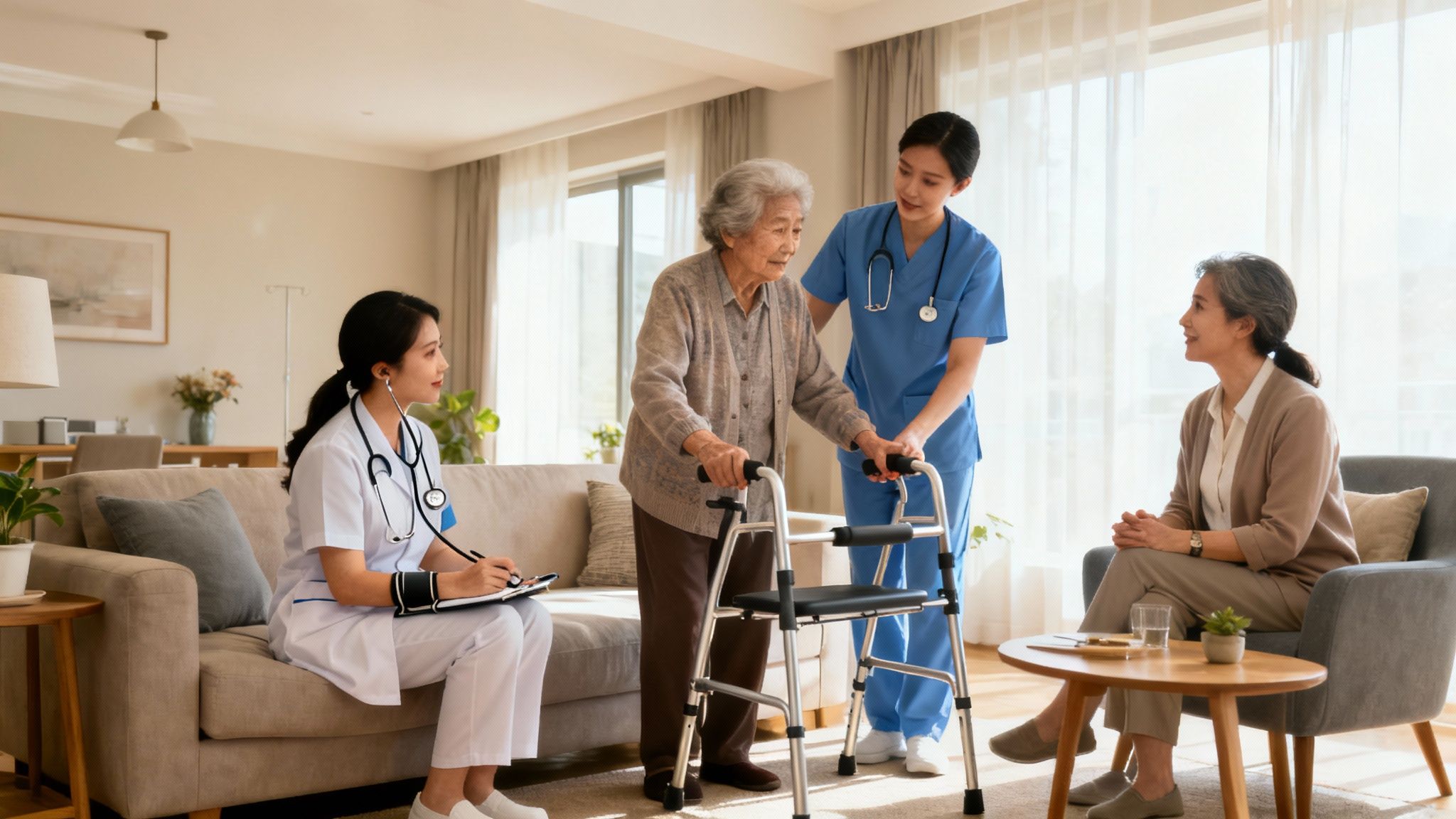 Elderly woman uses walker assisted by nurse, while another nurse consults with a family member in a bright home setting.
