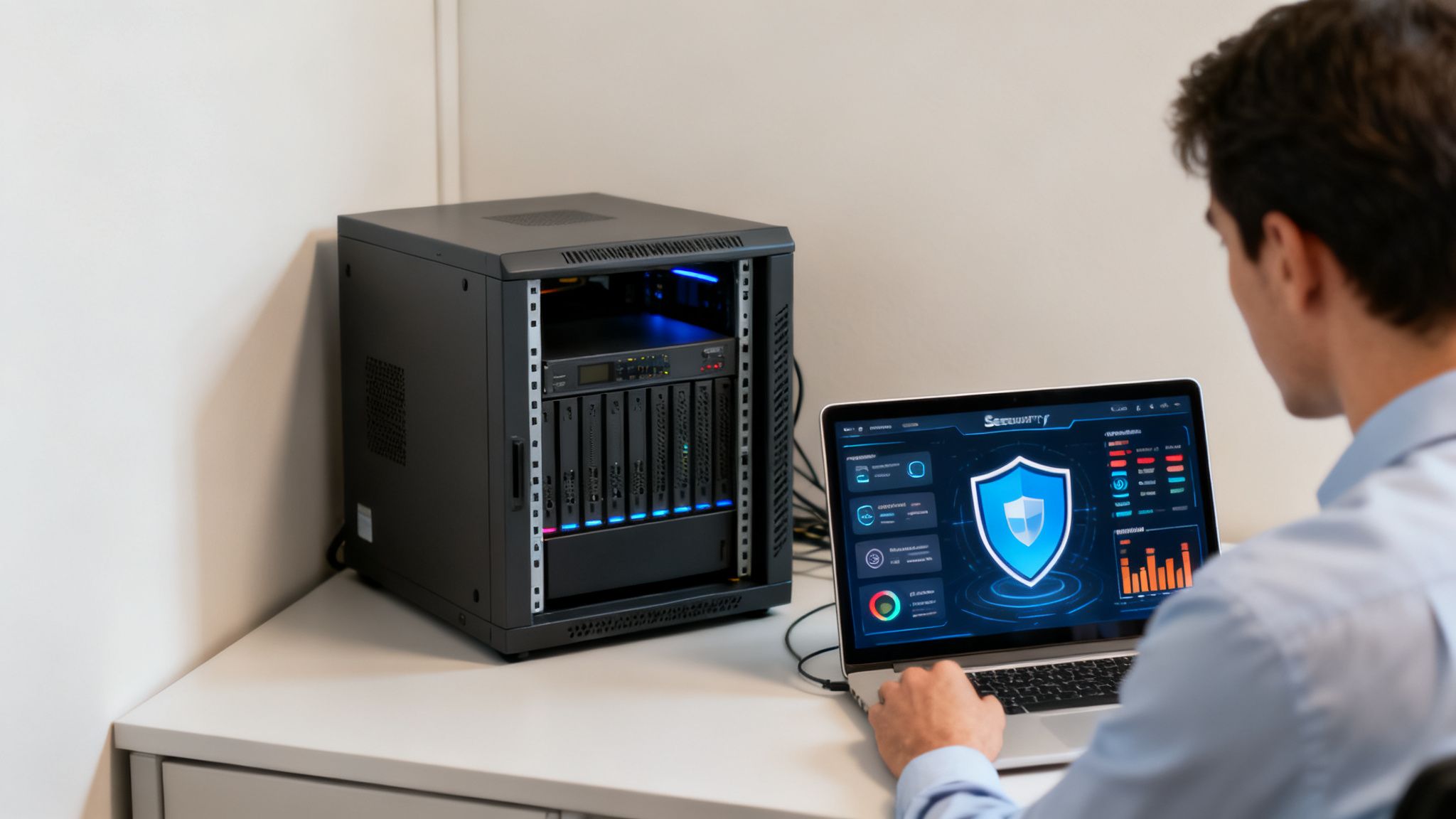 Man managing IT security on a laptop beside a server rack with blue lights in an office.