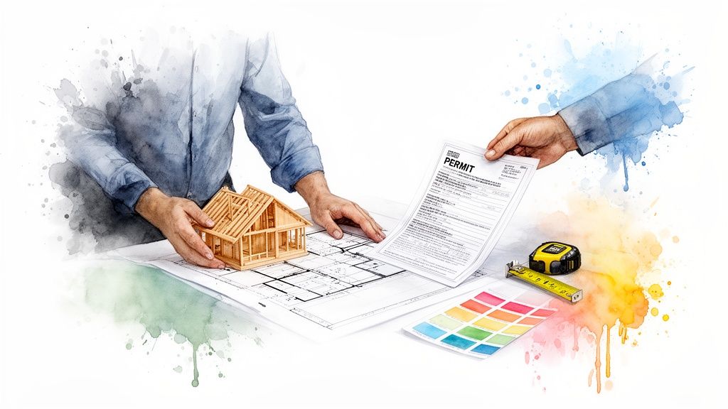 Watercolor image of hands working on house blueprints with a model, permit, and tools.