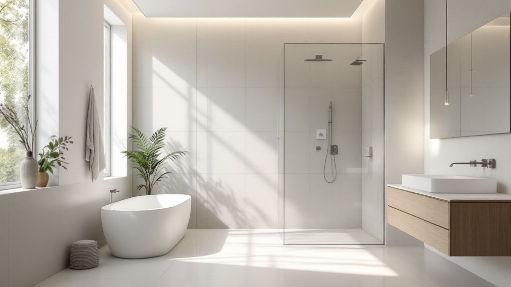 A modern, frameless glass shower enclosure in a beautifully tiled bathroom.
