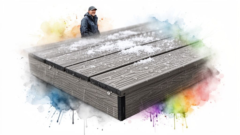 Smiling man next to durable composite decking with water, snow, and artistic watercolor effects.