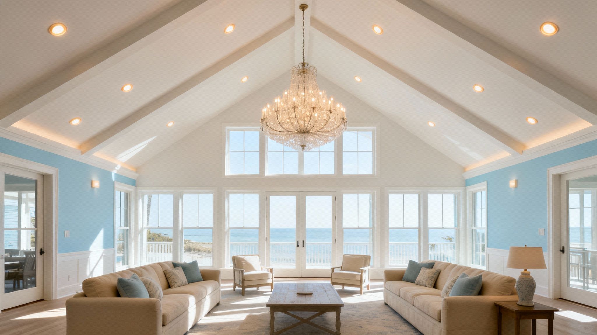 A large living room with a prominent chandelier and recessed lighting providing ambient light.