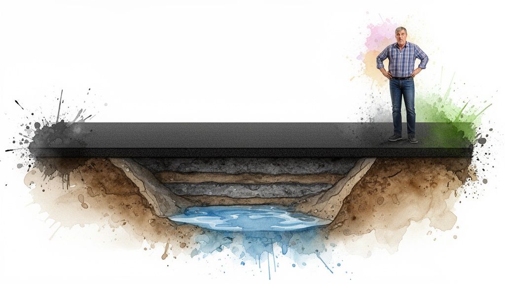 A concerned man stands on an asphalt surface, looking at a cross-section revealing underground layers and a pool of a pool of water.