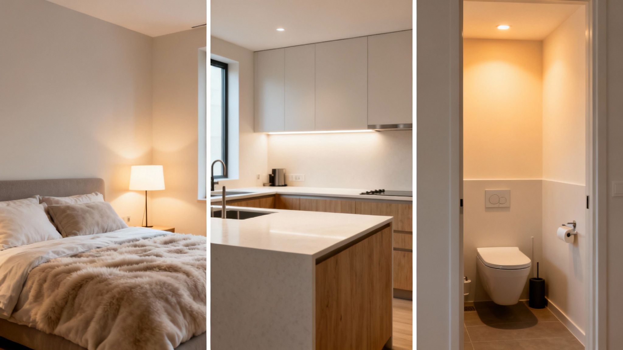 Three modern rooms: a bedroom, kitchen, and toilet, all beautifully lit with warm, natural light.