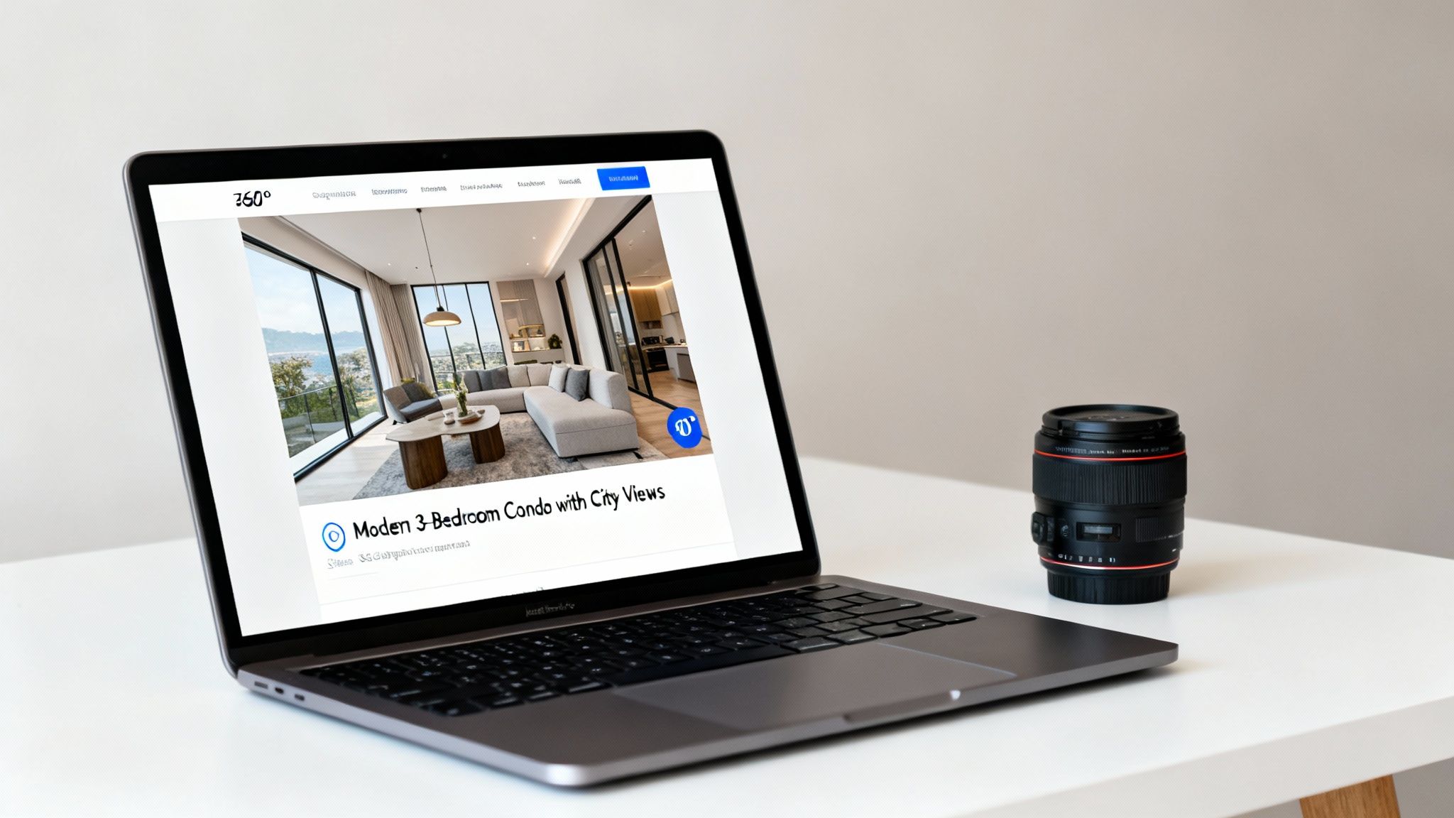 A laptop displays a modern 3-bedroom condo listing with city views, alongside a camera lens.