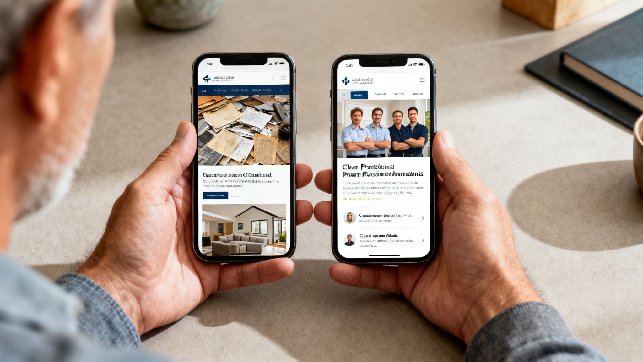 A person holding two smartphones, showcasing different mobile website designs with content like news and professional services.