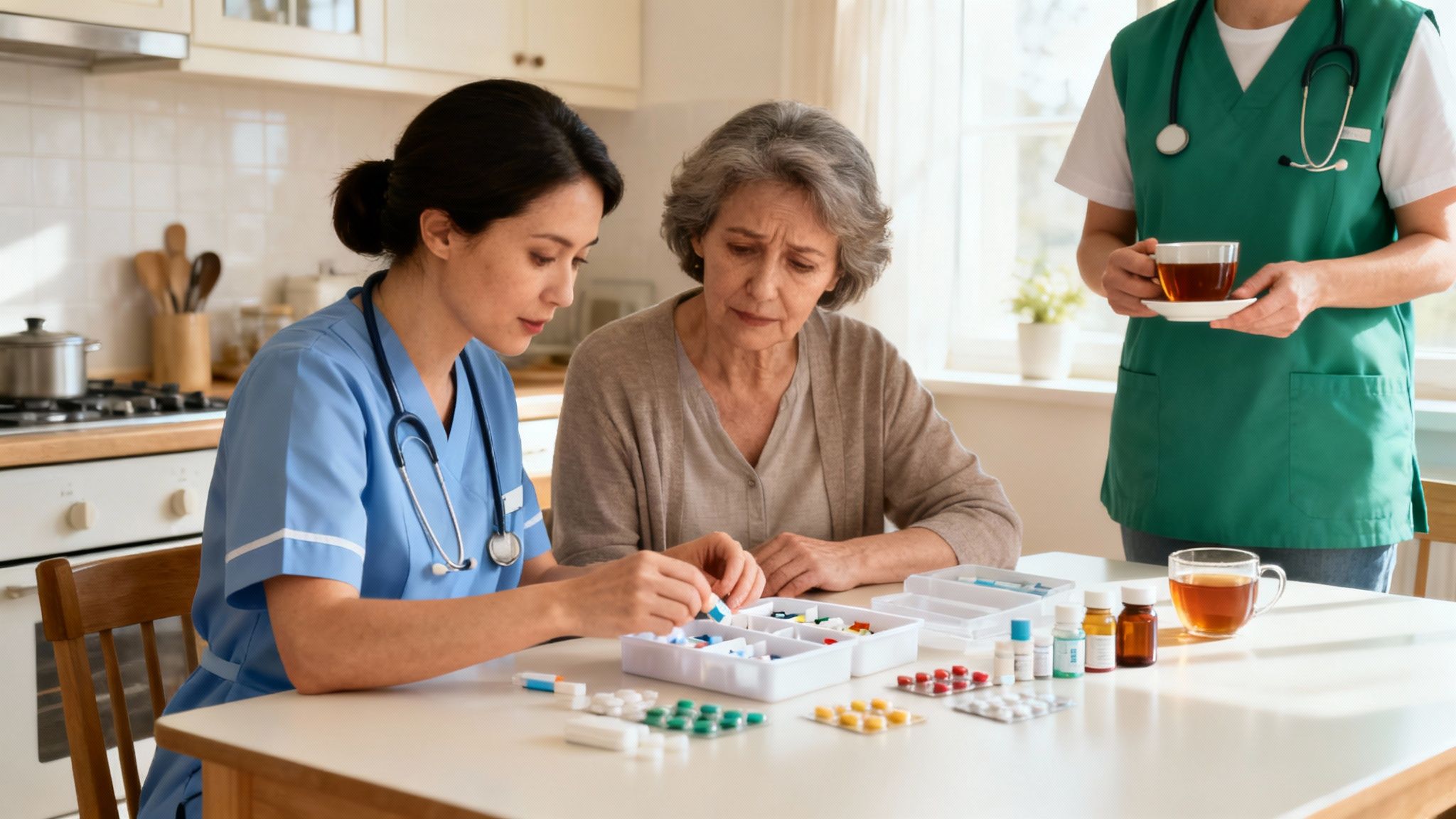 A compassionate healthcare professional holds the hand of an elderly patient.