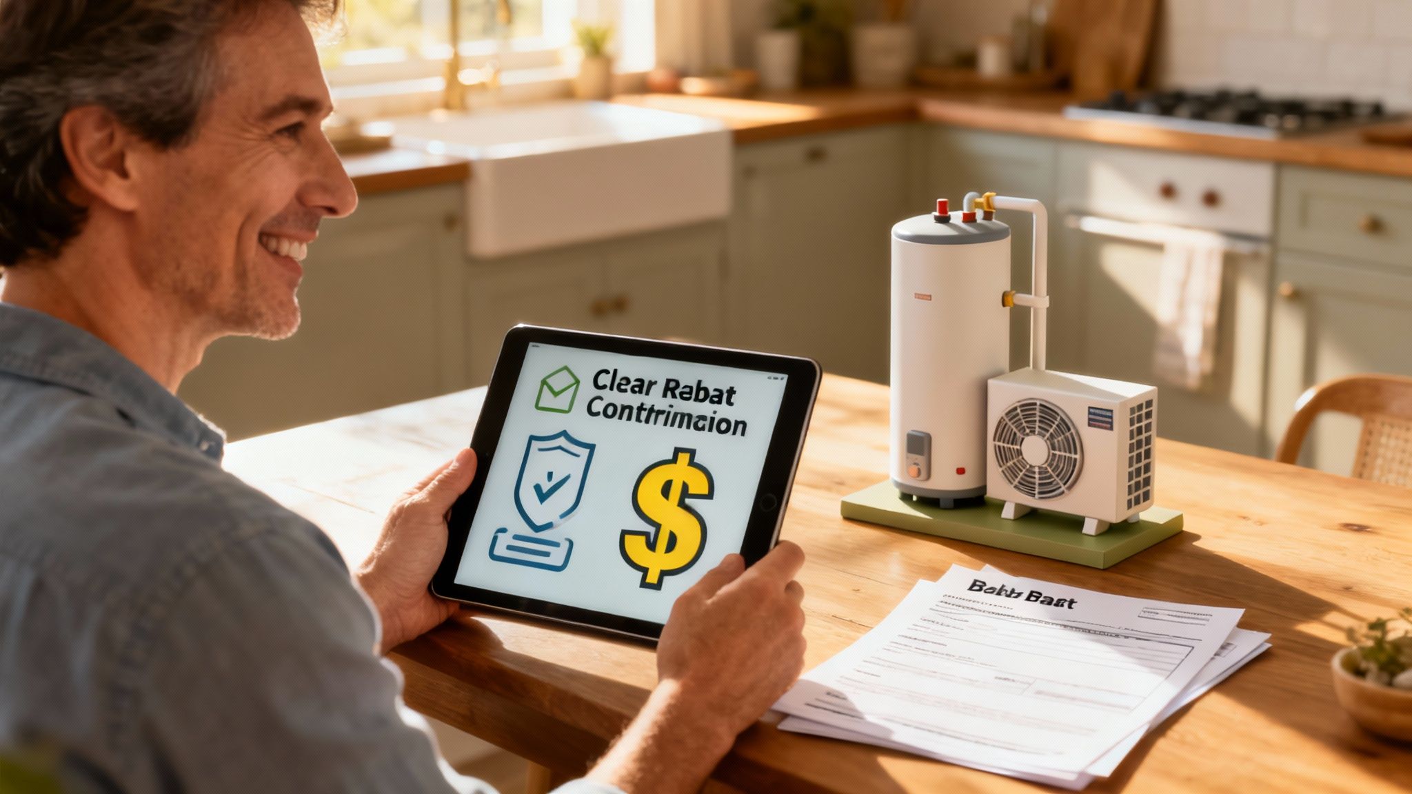 Smiling man views a tablet with rebate information, next to a model heat pump water heater.
