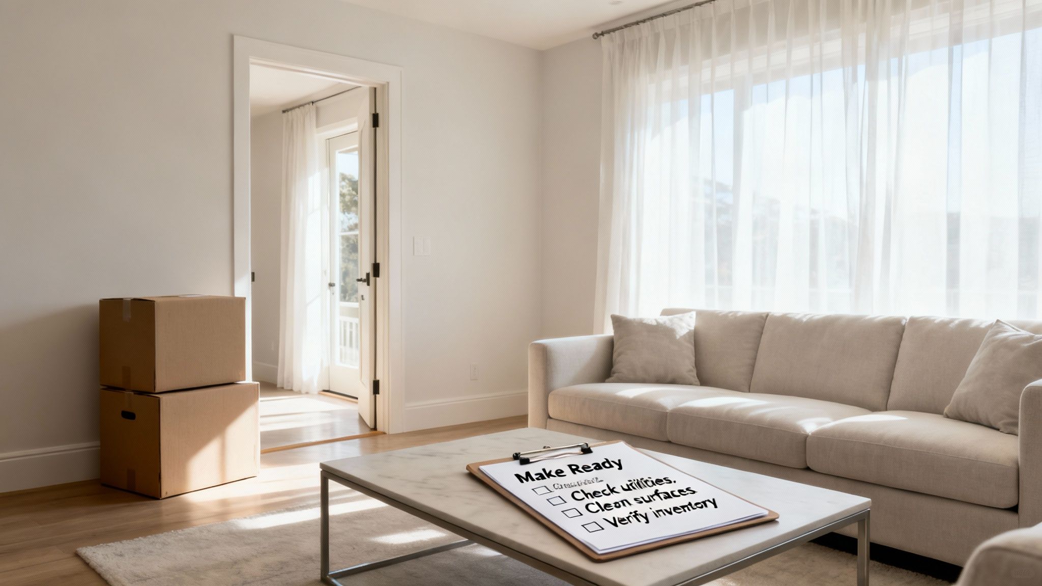 A bright living room with moving boxes, a sofa, and a 'Make Ready' checklist on a coffee table, suggesting property preparation.