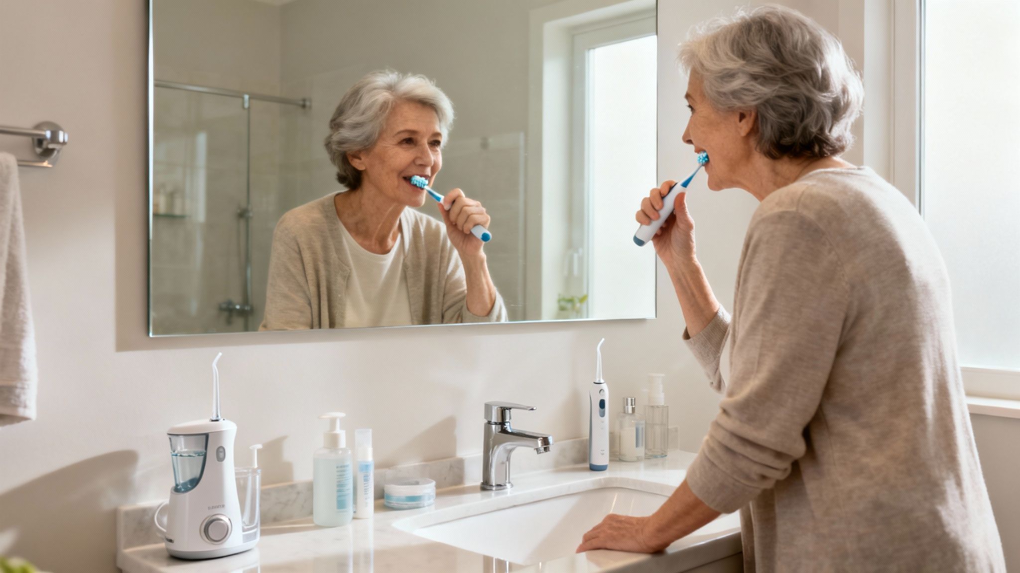 An elderly woman smiles while brushing her teeth in a clean bathroom, reflected in the mirror.