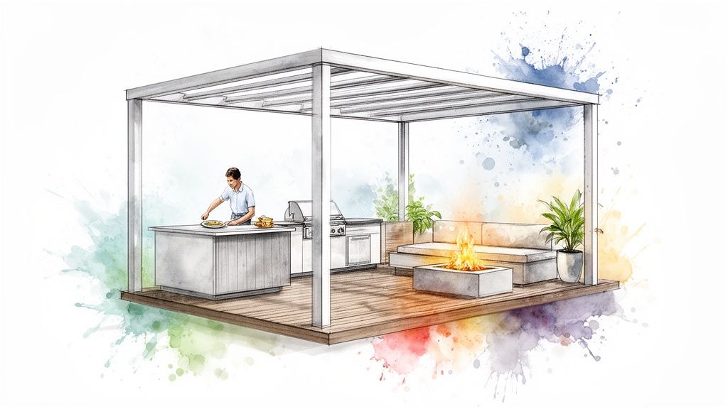A watercolor sketch of a modern outdoor living space with a pergola, kitchen, fire pit, and lounge area.