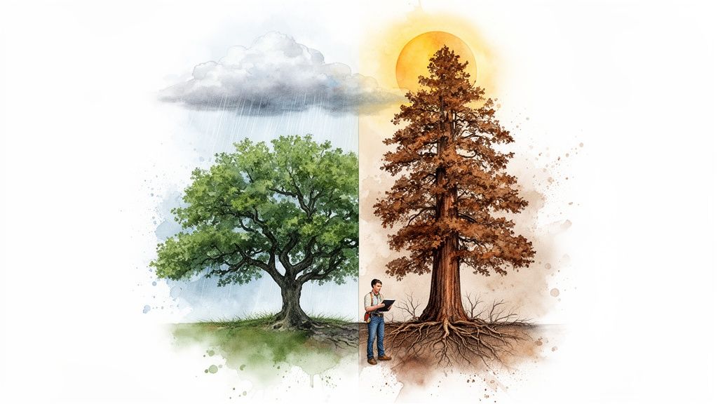 A split image shows a lush green tree in rain and a dry brown tree in sun, with a man studying them.