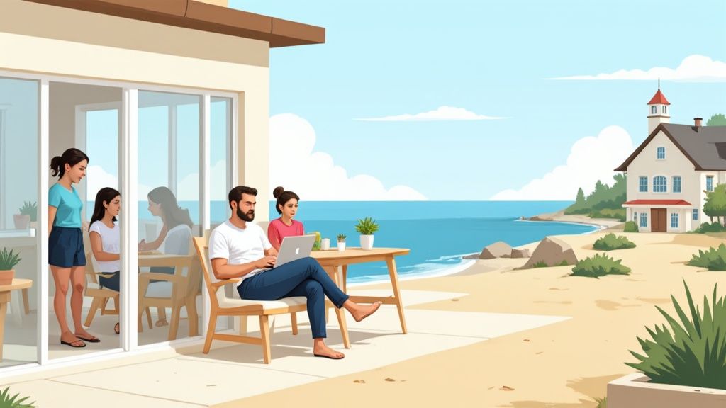 A happy family enjoying their newly renovated backyard in a Monterey Bay neighborhood, with lush greenery and a sense of community.