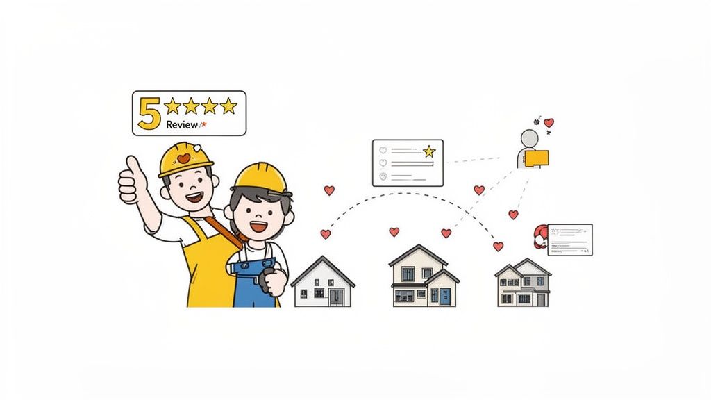 Two happy construction workers stand proudly next to houses, celebrating a 5-star customer review and service.