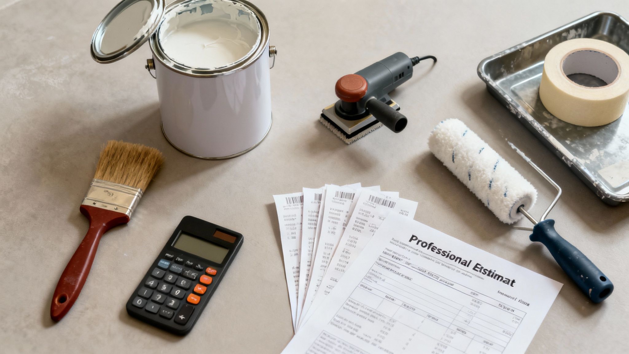 Professional painting estimate document with calculator, paint supplies, and tools on workspace