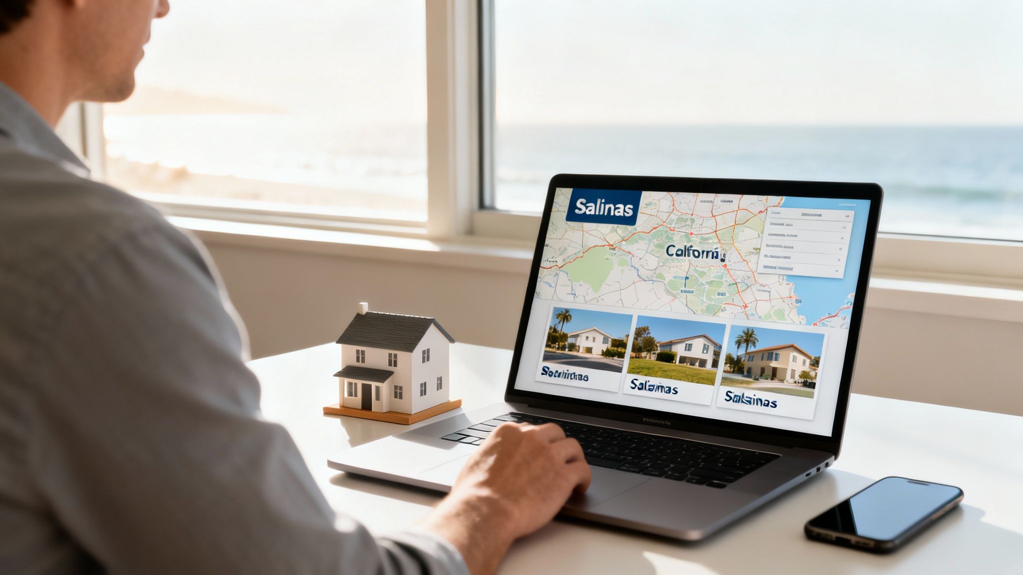 A man researching Salinas rental properties on a laptop, with a model house nearby.