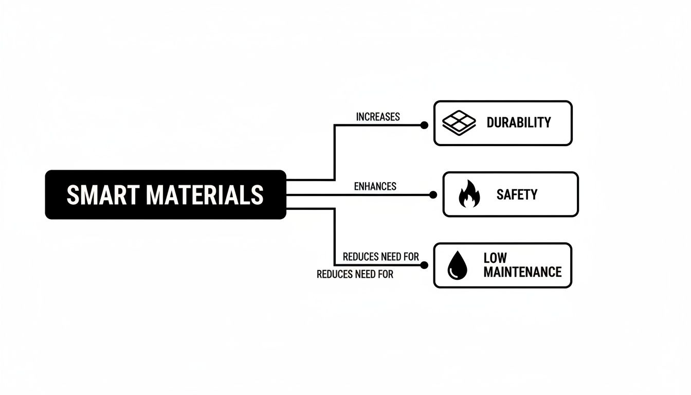 A diagram showing smart materials increase durability, enhance safety, and reduce maintenance.