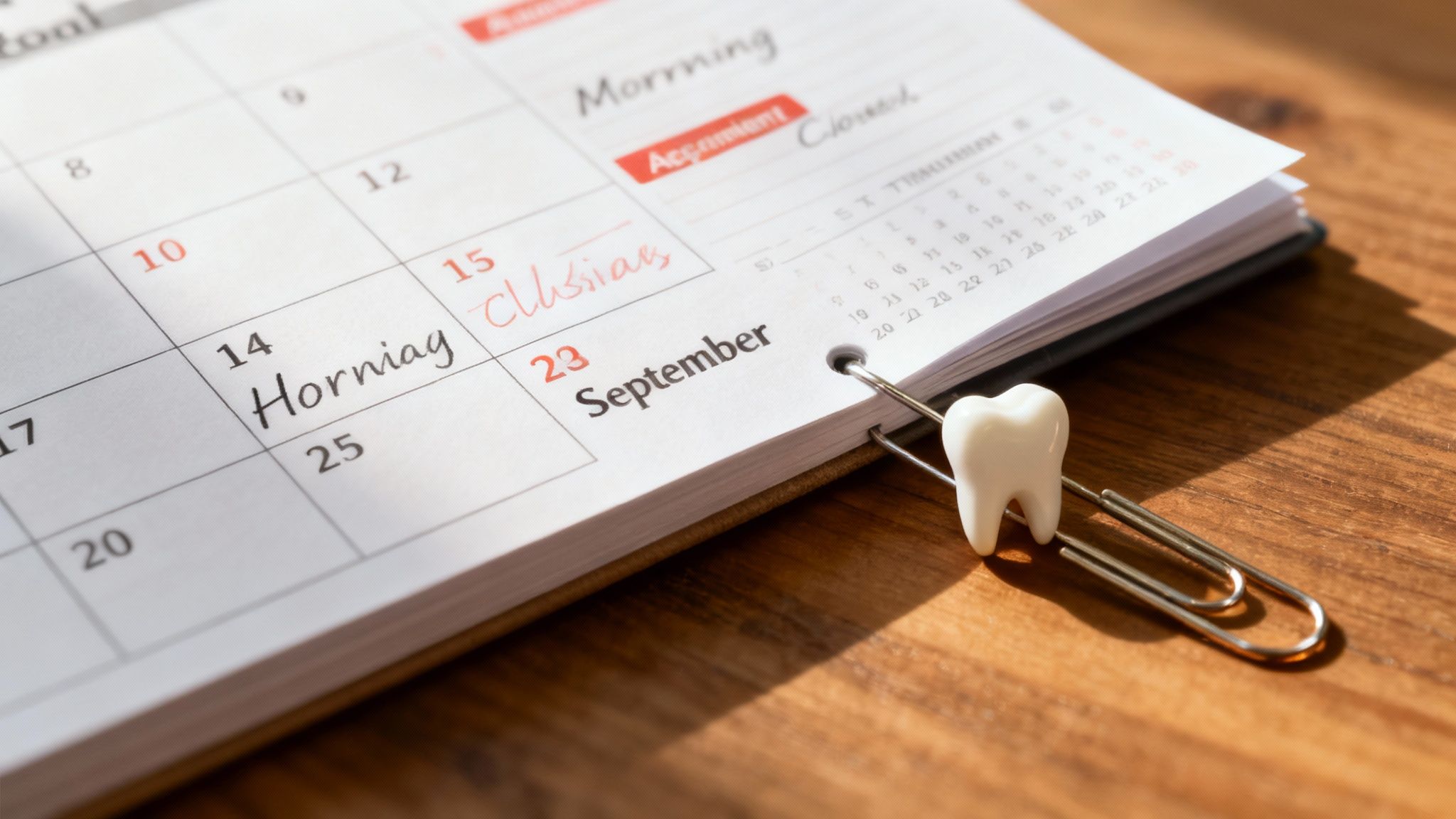 Calendar showing scheduled dental appointments with tooth figurine and paperclip on wooden desk
